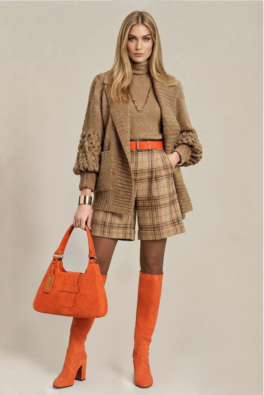 Women's orange custom-made classic knee-high boots with round toe and high block heel- Top view
